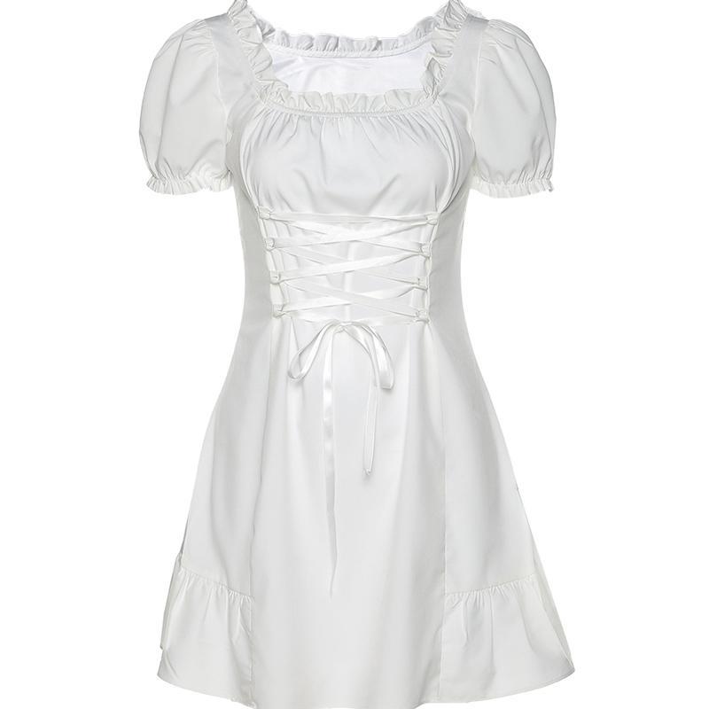 Retro Lace Up Waist Ruffles Mini White Dress