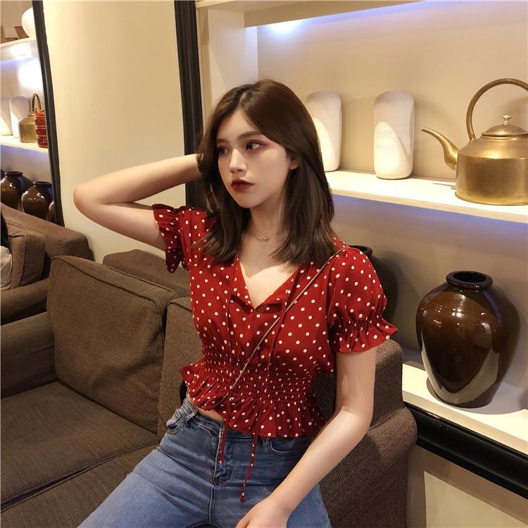 itGirl Shop - Aesthetic Clothing -Retro Red Polka Dot Puff Sleeves