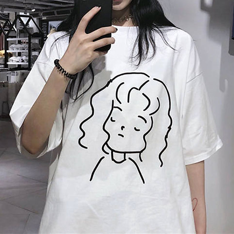 itGirl Shop SALE AESTHETIC GIRL PRINT LOOSE ROUND NECK WHITE T-SHIRT
