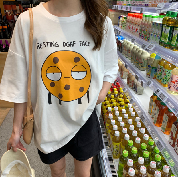 itGirl Shop SALE COOKIE FACE GRAPHIC OVERSIZED WHITE TSHIRT