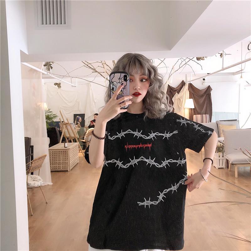 itGirl Shop SALE WIRE LETTERS PRINT BLACK PINK LOOSE T-SHIRT
