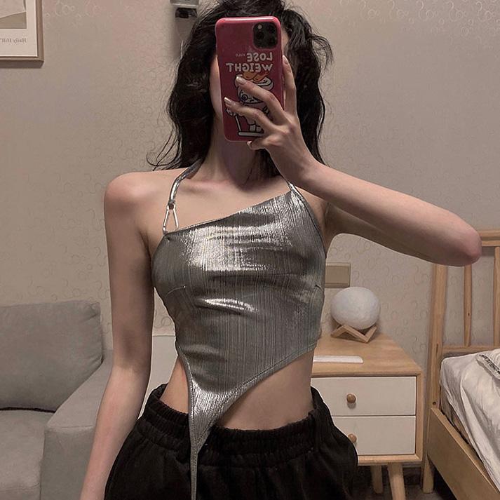 itGirl Shop SILVER DISCO AESTHETIC HALTER CROPPED TOP