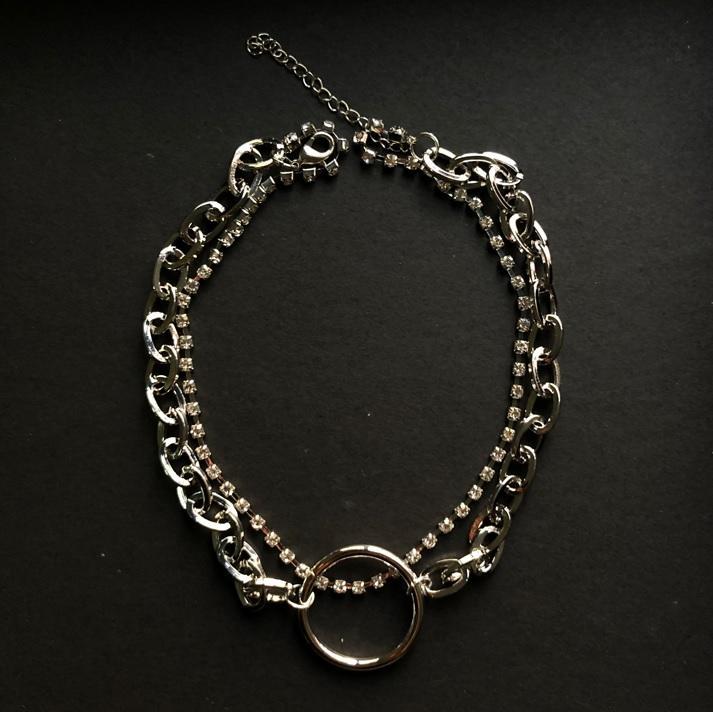 itGirl Shop SILVER DOUBLE CHAINS CIRCLE GRUNGE CHOKER NECKLACE