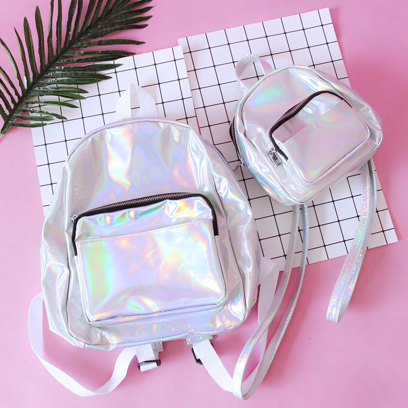 itGirl Shop SILVER HOLOGRAPHIC LASER TWO TYPES ZIPPER BACKPACK