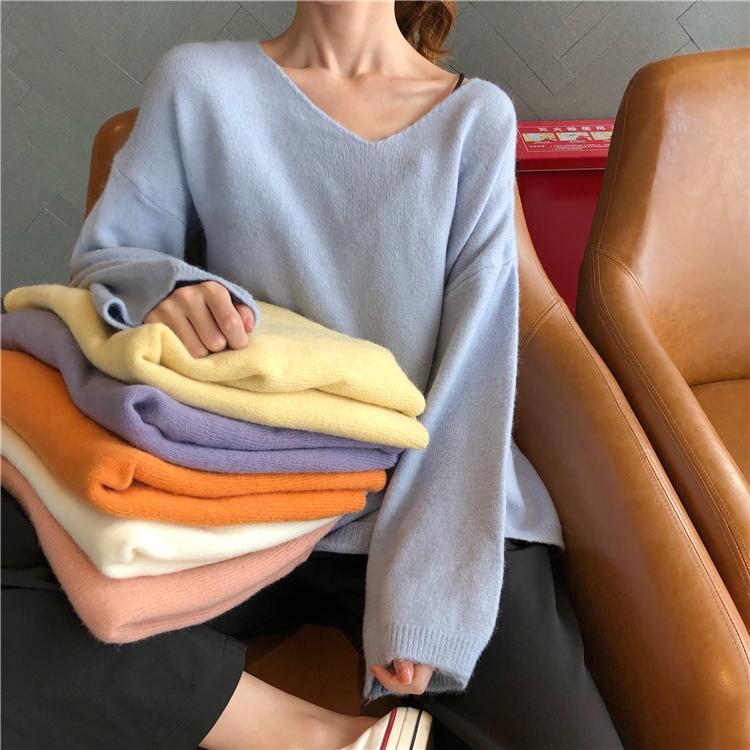 itGirl Shop SOFT COZY PASTEL COLORS V-NECK KNITTED PULLOVER