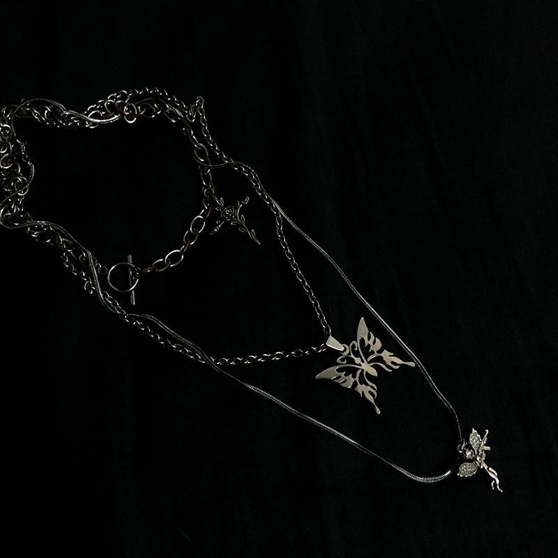 itGirl Shop TUMBLR GRUNGE SET OF SILVER CHAINS AND PENDANTS NECKLACE
