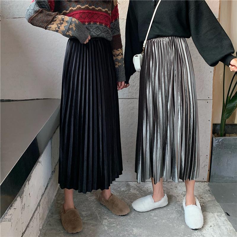 Vintage Black Silver Pleated Long High Waist Skirt