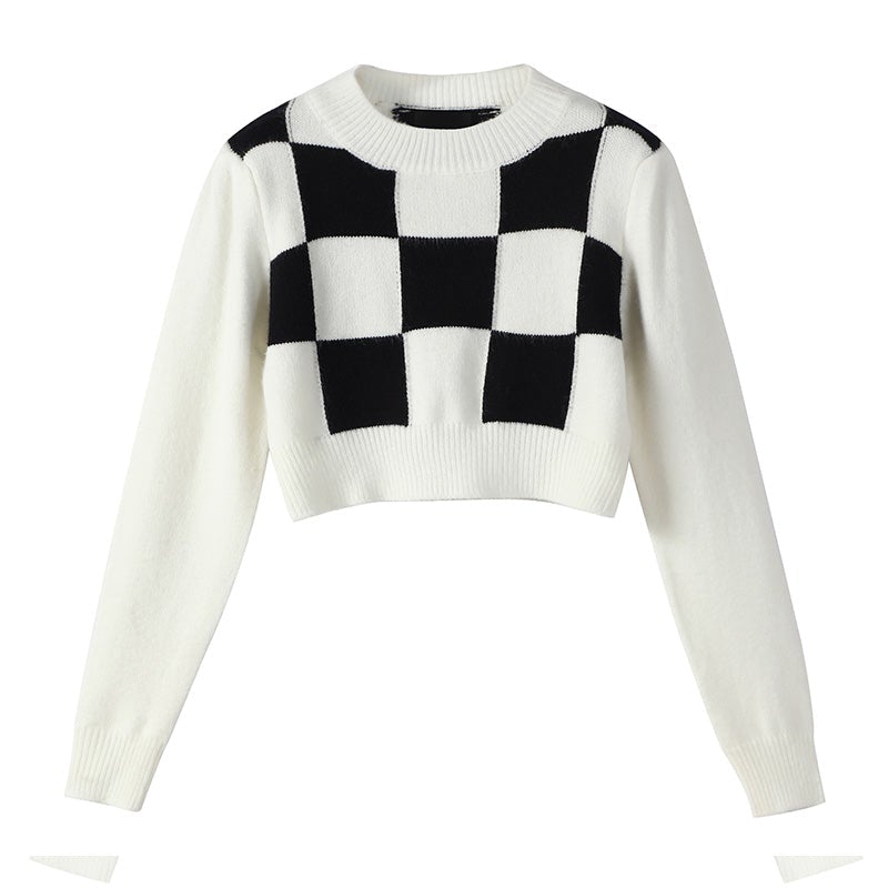 itGirl Shop WHITE RETRO CHECKERED PATTERN KNIT CROPPED SWEATER