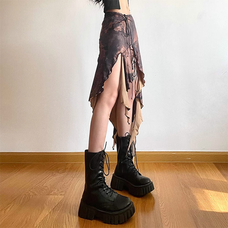 Asymmetric Wild West Cowboy Gradient Brown Skirt