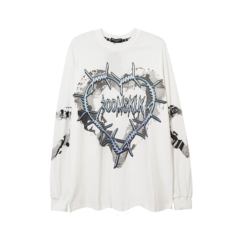 Barbed Wire Heart Print Grunge Aesthetic Long Sleeve Shirt