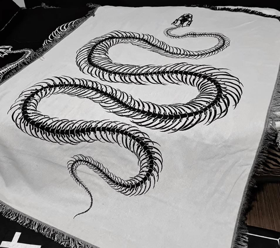 Black Blanket With Serpent Skeleton For Goth Homes