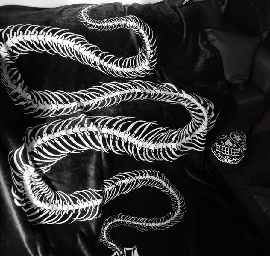 Black Blanket With Serpent Skeleton For Goth Homes