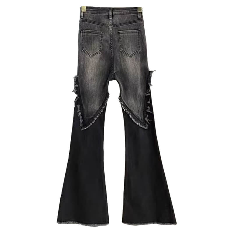 Black Flared Denim Asymmetric Dark Half Knee Jeans Back