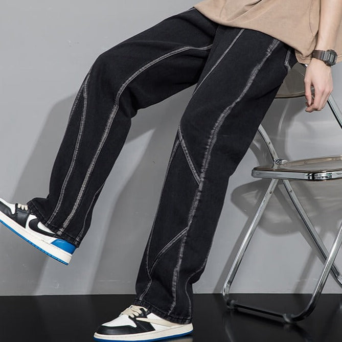 Black Asymmetric Sew Lines Straight Skinny Jeans