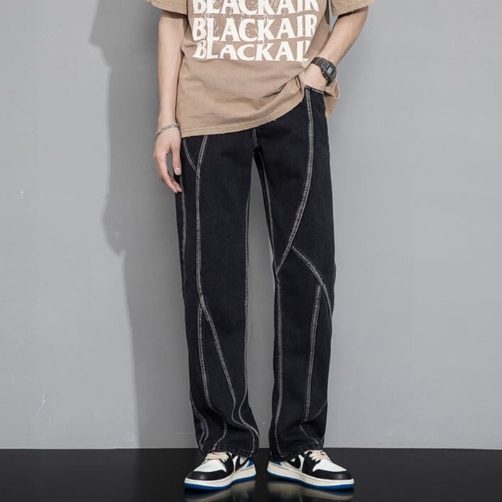 Black Asymmetric Sew Lines Straight Skinny Jeans Pants