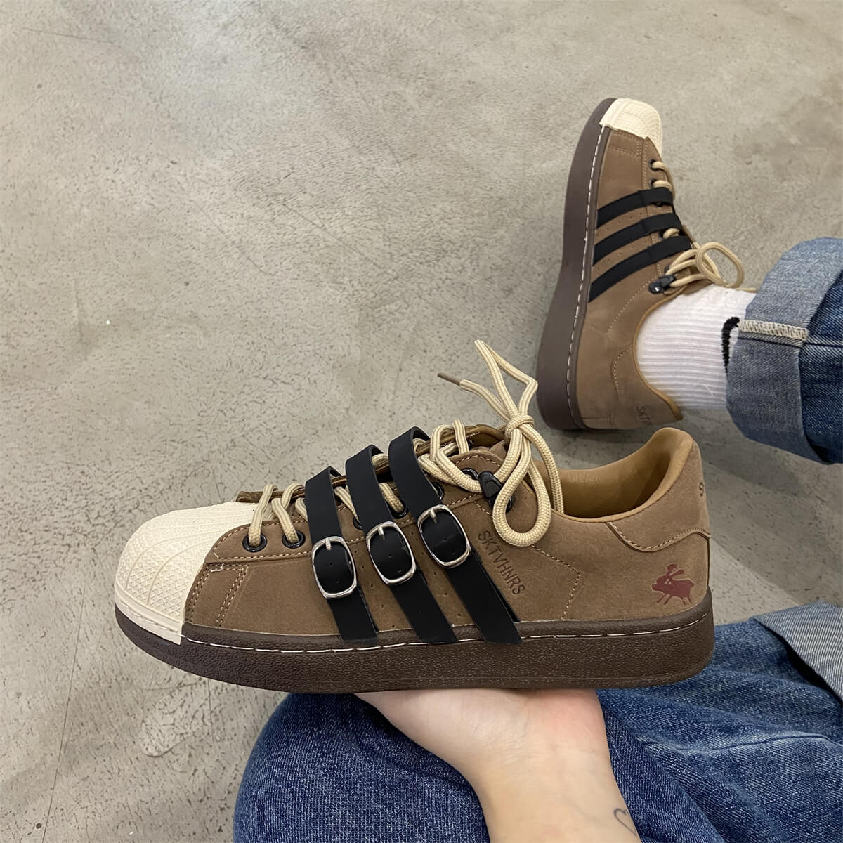 Brown Weircore Aesthetic Leather Straps Sneaker Boots