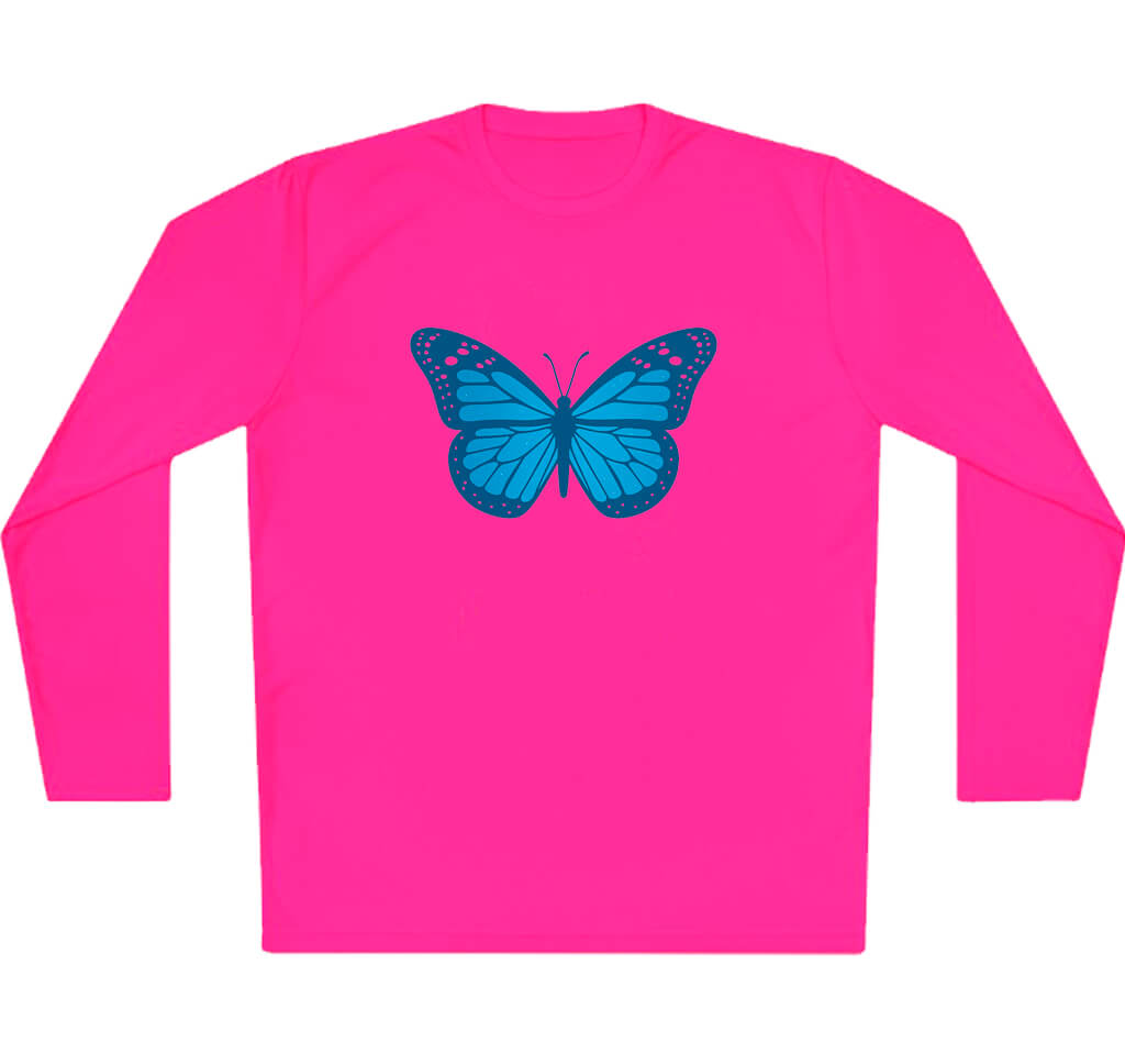 White long-sleeve shirt with a blue butterfly design on a white background