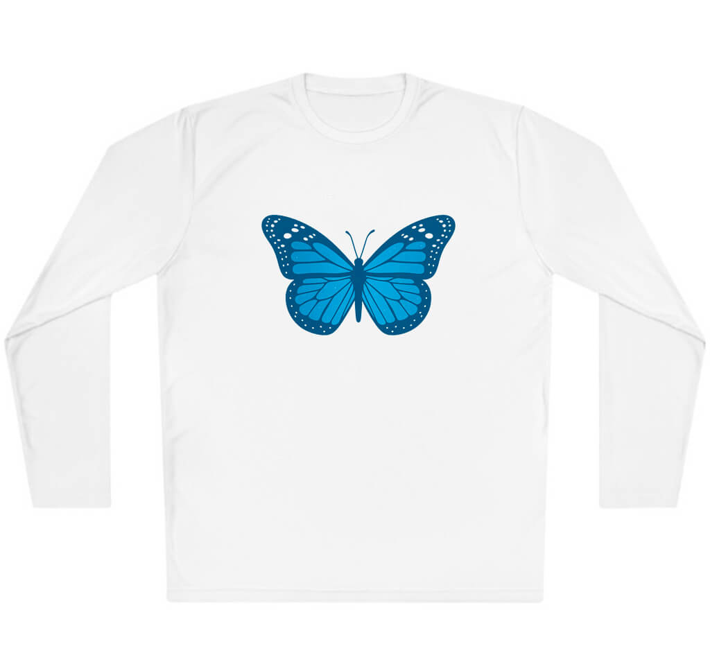 White long-sleeve shirt with a blue butterfly design on a white background