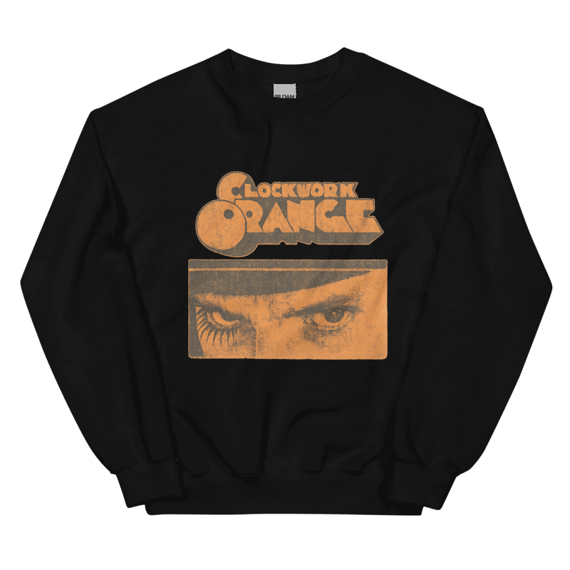 Orange sweatshirt with 'Clockwork Orange' graphic design on a black background