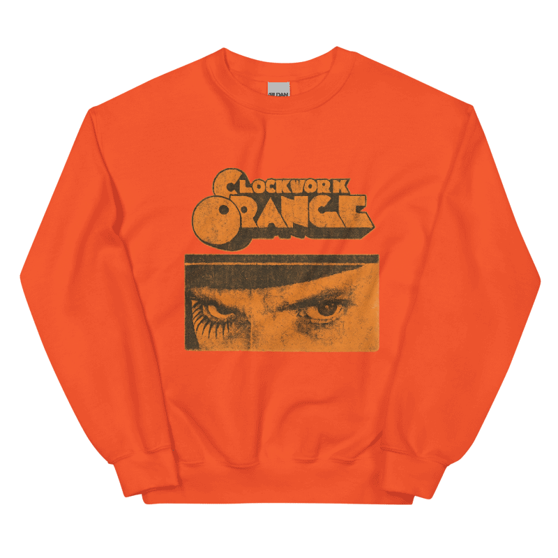 Orange sweatshirt with 'Clockwork Orange' graphic design on a black background