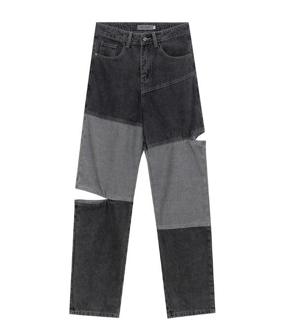 Denim Patchwork Grey Blue Street Style Baggy Jeans