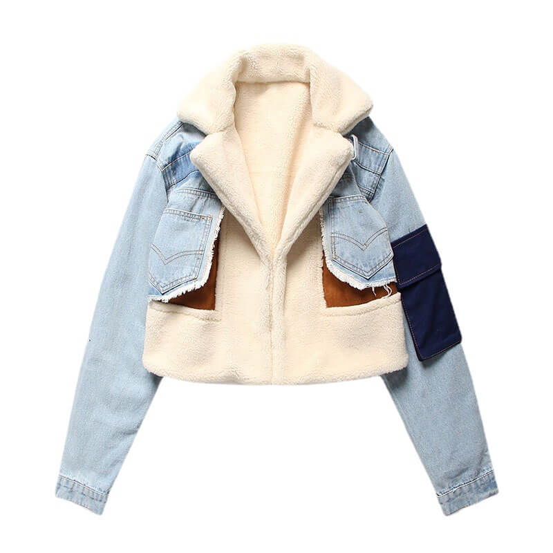 Designer Patchwork Denim Fur Cropped Jacket