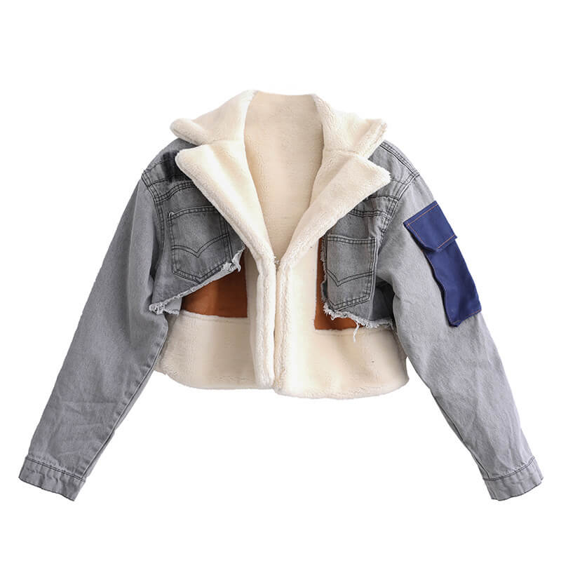 Designer Patchwork Denim Fur Cropped Jacket