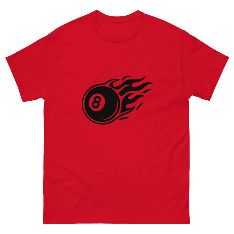 Red t-shirt with a black eight-ball design featuring flames on a black background