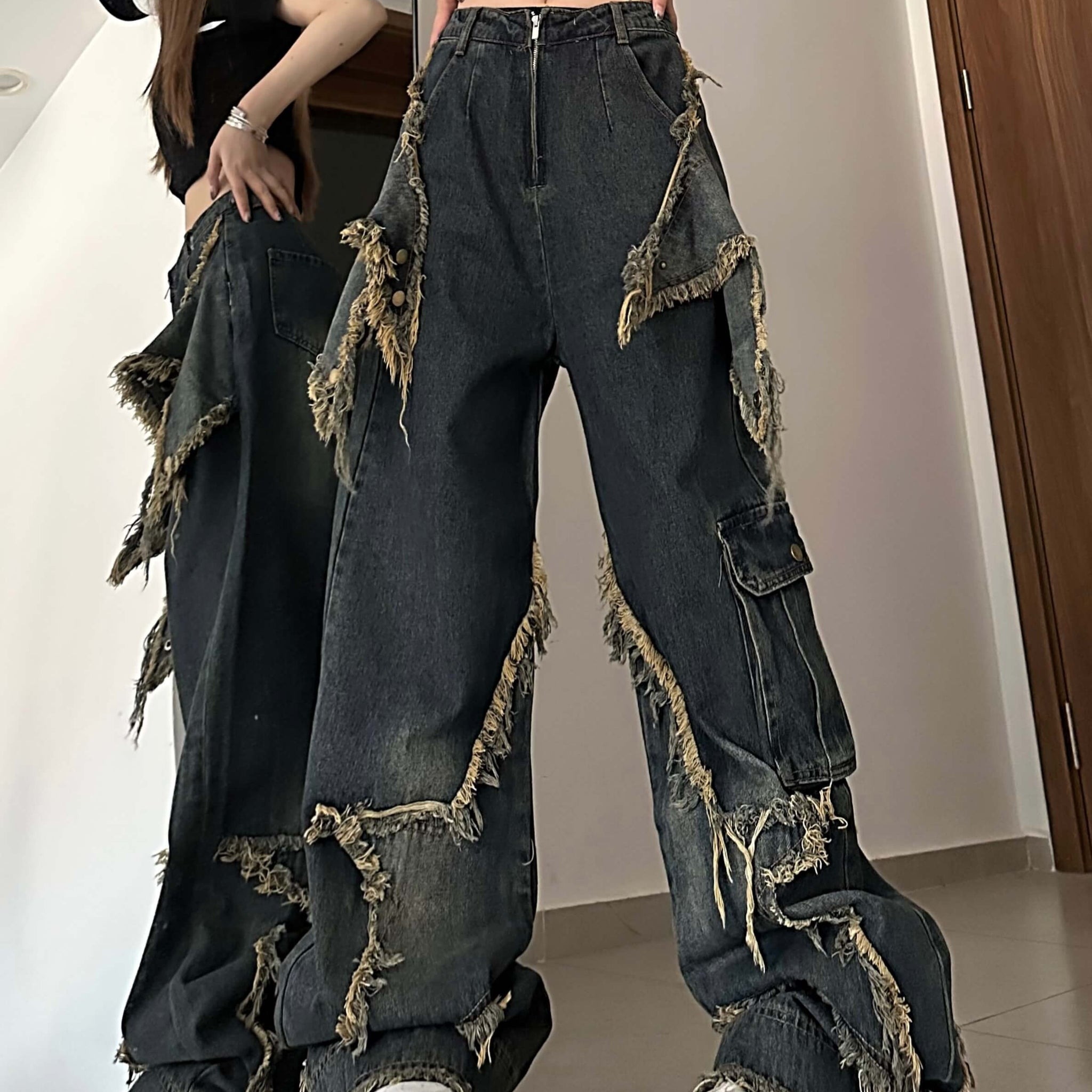 Fringe Stars Rust Flared Side Pocket Grunge Baggy Jeans