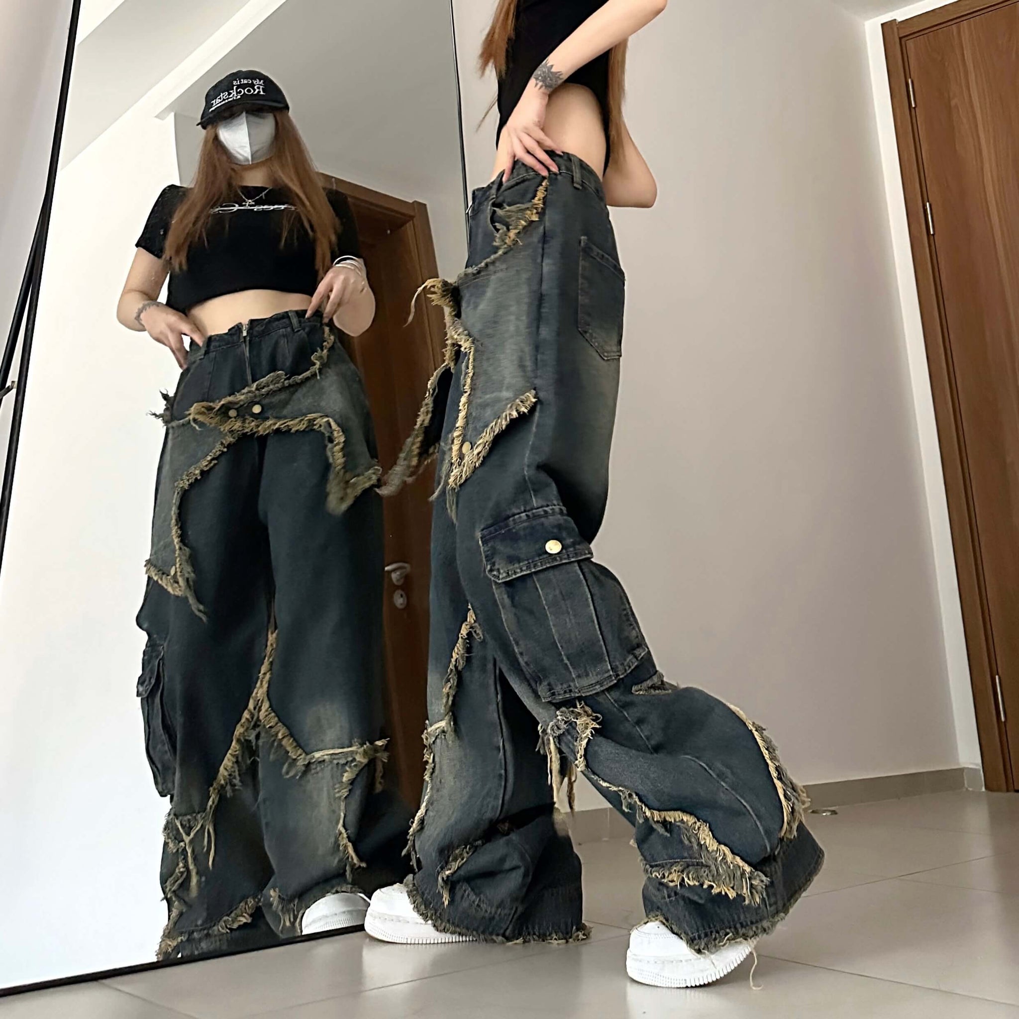 itGirl Shop Fringe Stars Rust Flared Side Pocket Grunge Jeans