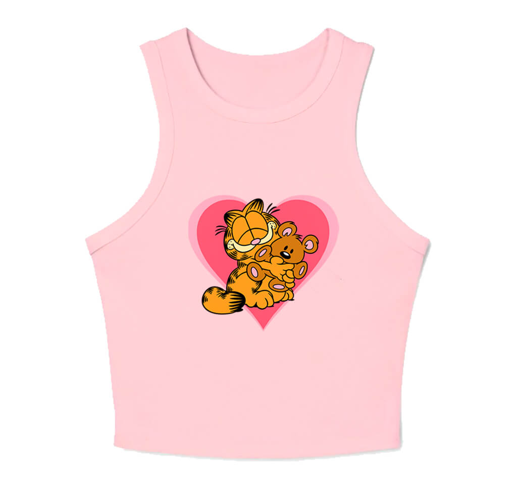 Pink tank top with cartoon characters on a white background