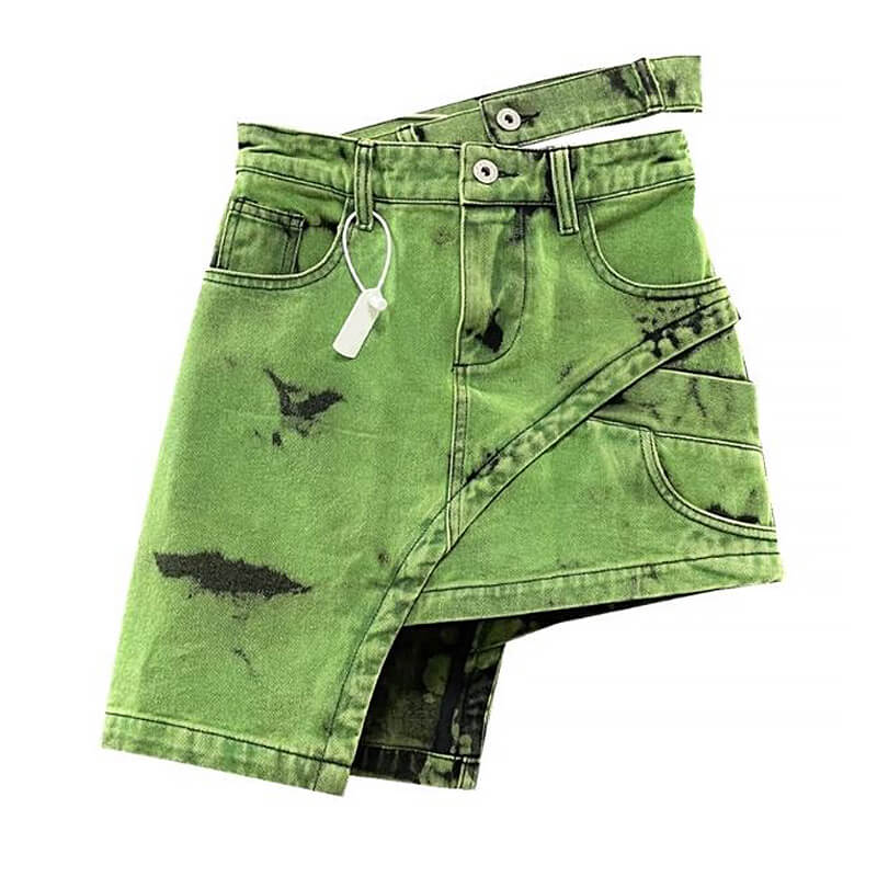 Grunge Asymmetric Green Denim Skirt