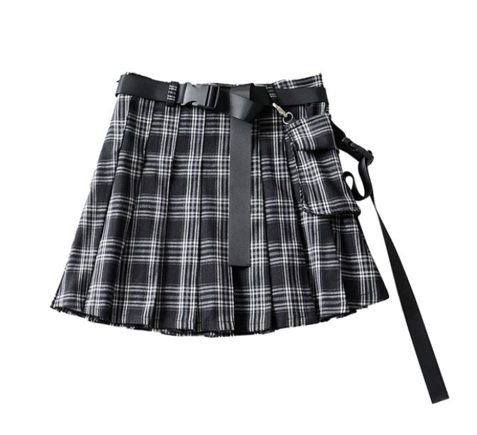 High Waist Black Belts Pleated Plaid Skirt