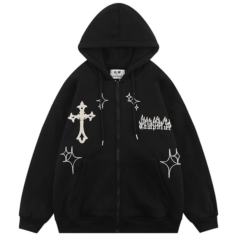 Holy Crosses Stars Embroidery Aesthetic Grunge Hoodie Front Zipper