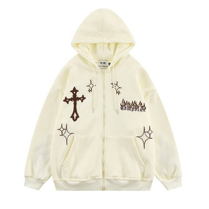 Holy Crosses Embroidery Aesthetic Grunge Loose Hoodie Front Zipper