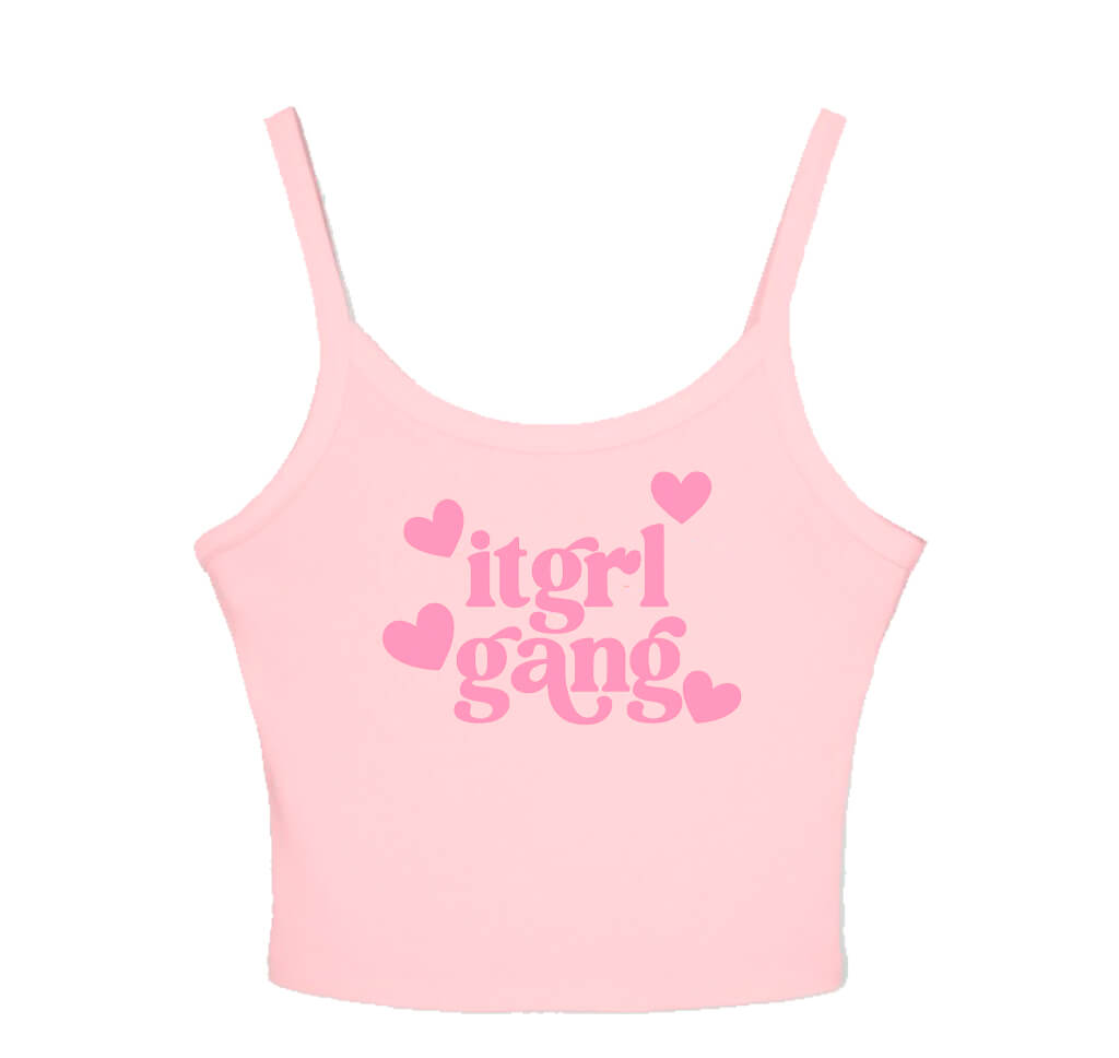 White tank top with pink 'itgrl gang' text and hearts on a white background