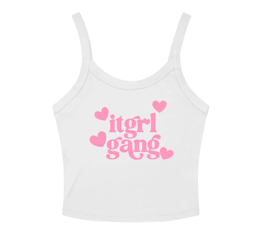 White tank top with pink 'itgrl gang' text and hearts on a white background