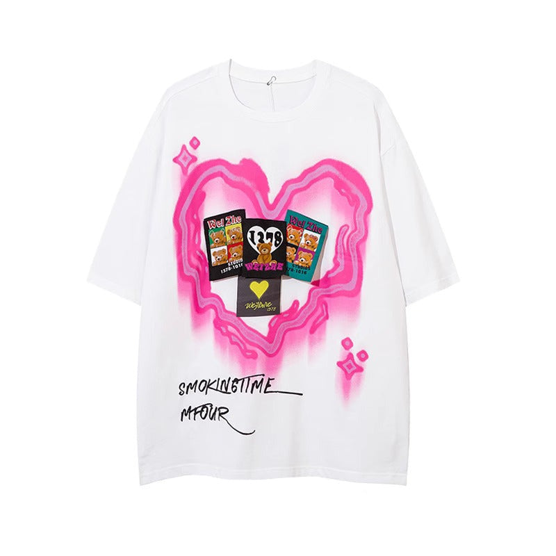 Kawaii Neon Heart Print Loose T-Shirt