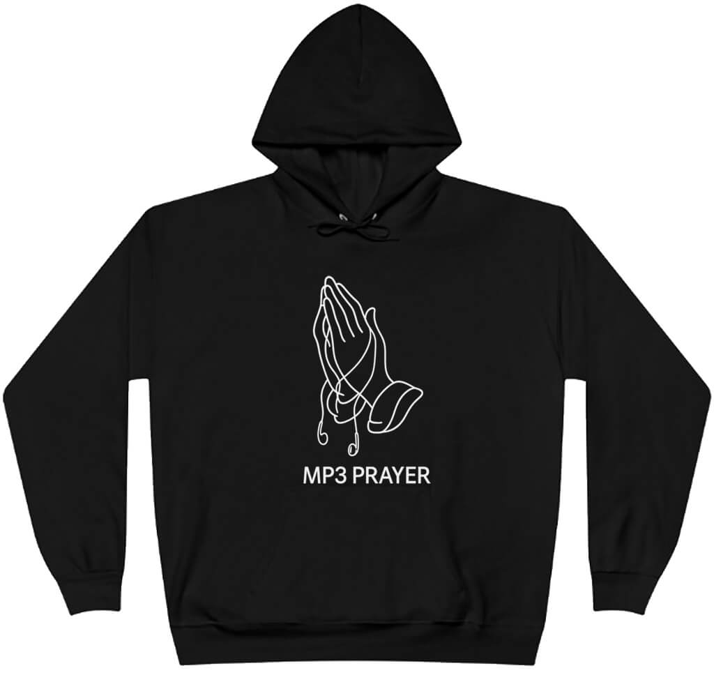 Pink hoodie with 'MP3 PRAYER' text and hand design on a white background