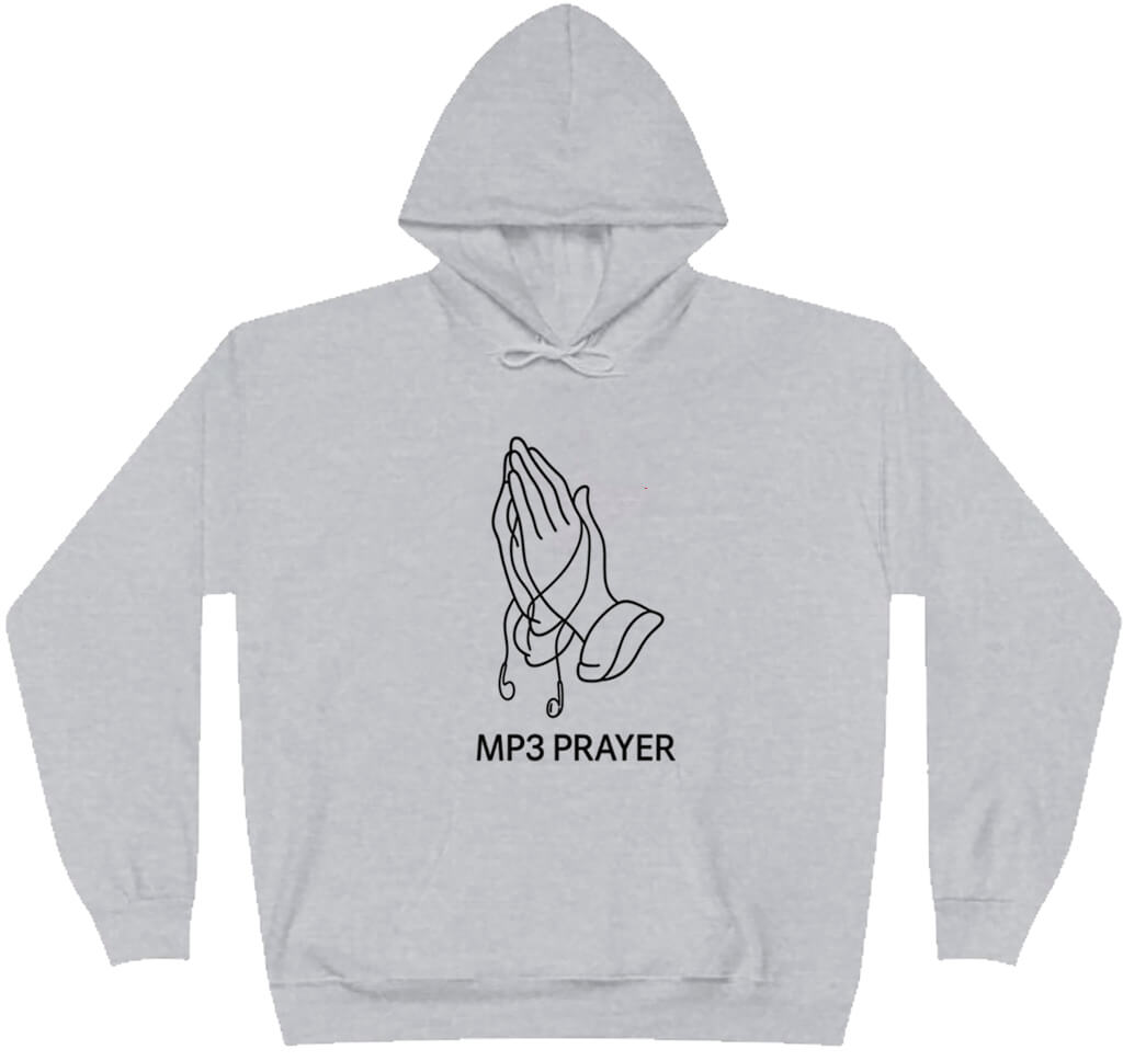Gray hoodie with 'MP3 PRAYER' text and hand design on a white background