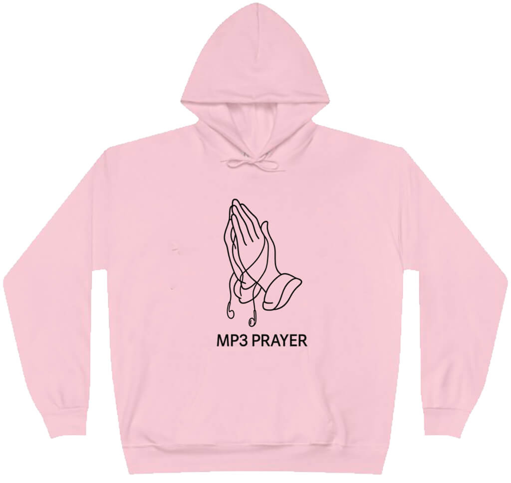 Pink hoodie with 'MP3 PRAYER' text and hand design on a white background