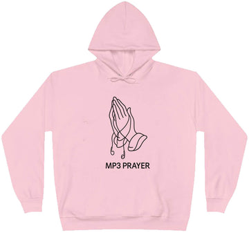 Pink hoodie with 'MP3 PRAYER' text and hand design on a white background