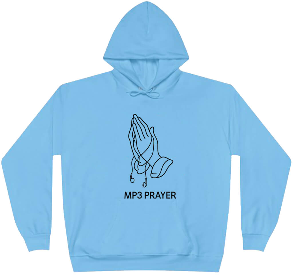 Light blue hoodie with 'MP3 PRAYER' text and graphic on a white background