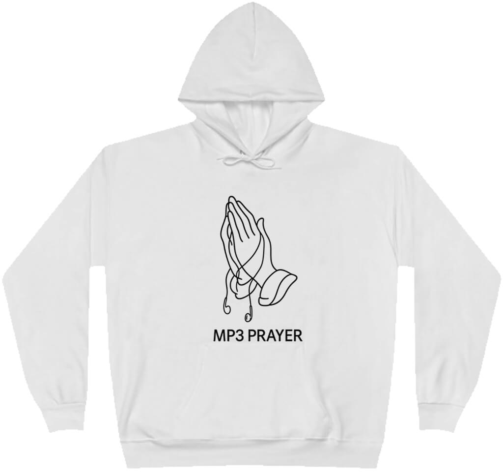 White hoodie with 'MP3 PRAYER' text and hand design on a white background