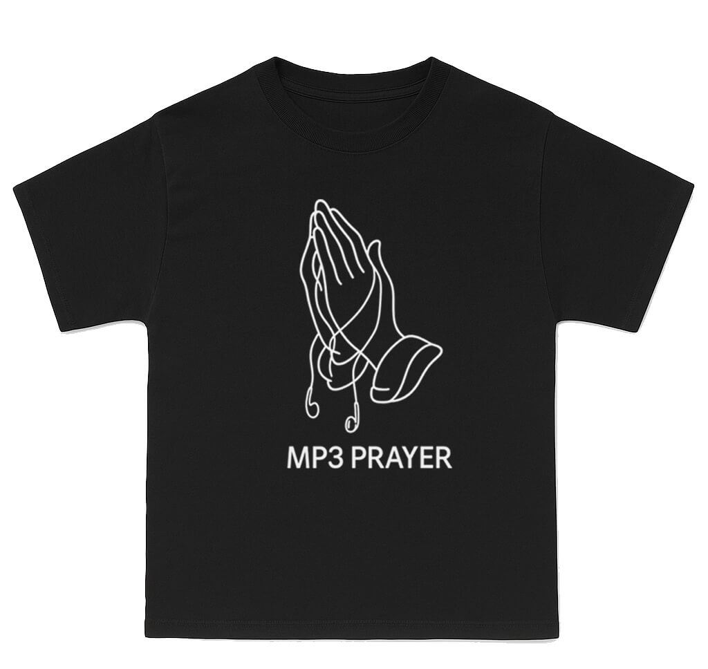Black t-shirt with white praying hands graphic and 'MP3 PRAYER' text on a white background