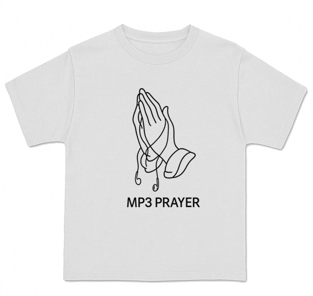 White t-shirt with 'MP3 Prayer' design featuring praying hands on a white background