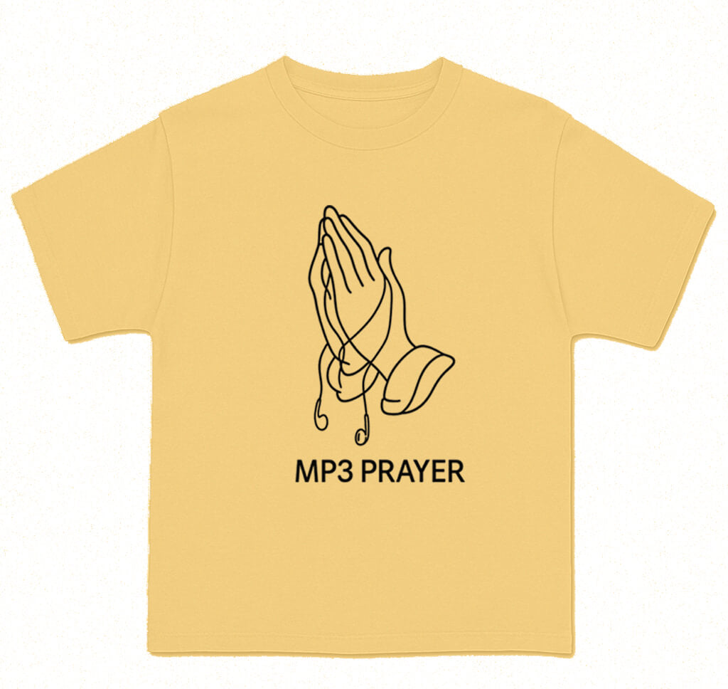 White t-shirt with 'MP3 Prayer' design featuring praying hands on a white background