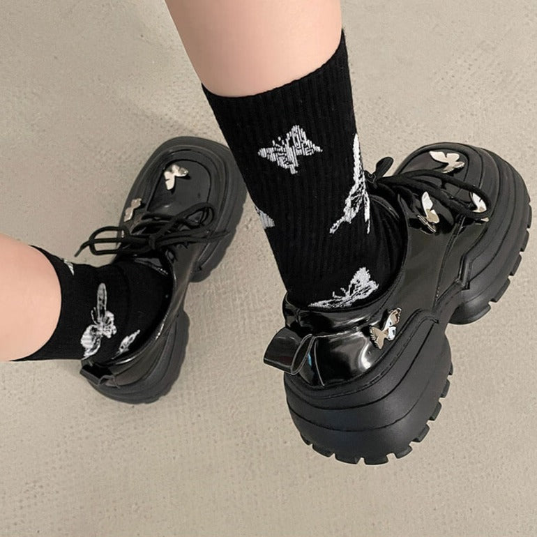 Metallic Butterflies Lace Up Grunge College Creeper Boots