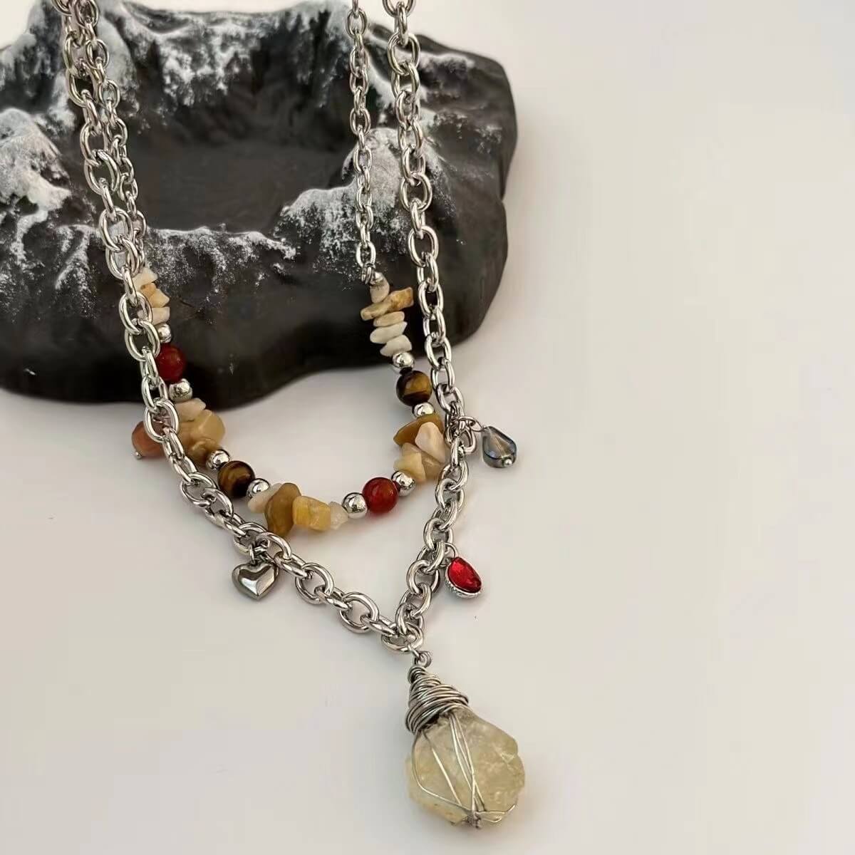 Mineral Stone Double Chain Boho Aesthetic Pedant Necklace