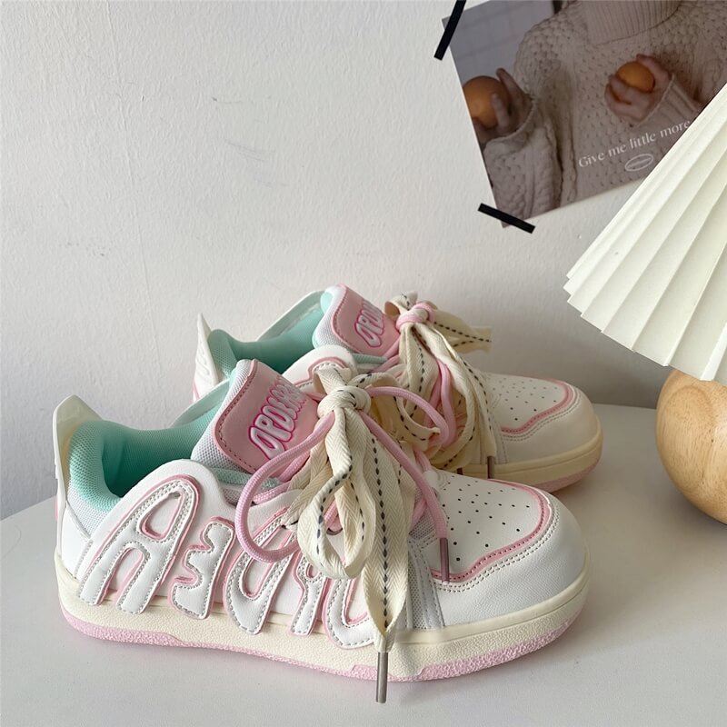 Mint Pink Streetstyle White Soft Girl Aesthetic Sneakers Shoes